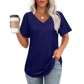 OFEEFAN Tunics or Tops to Wear with Leggings V Neck Short Sleeve Loose T Shirts Lightweight Summer Beach Vacation Outfits for Women Basic Tees Clothes Navy Blue XL