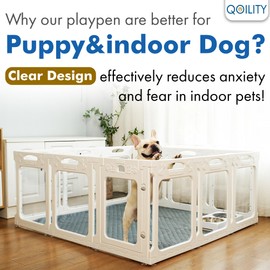 Qoility Dog Playpen for Anxiety Prevention - Reduces Indoor Puppy/Dog Anxiety & Boredom, Height 24 Inch, 12 Panels, White