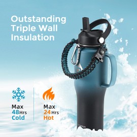 RAYMYLO 32oz Stainless Steel Water Bottle (Cold for 48 Hrs, Hot for 24 Hrs), Triple Wall Vacuum Insulated Water Bottle with Straw Lid, Spout Lid and Paracord Handle, Leakproof, Fit in Any Car Cup