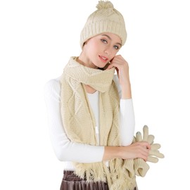 Winter Hat Gloves Scarf Set Women, Beanie with Pom Touchscreen Gloves Warm Knit Long Scarf 3 in 1 Set Gift for Women