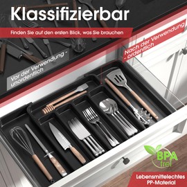 AUJEN Cutlery Tray for Drawers, Removable Cutlery Tray for Drawers, Practical Drawer Insert, Expandable Drawer Organiser, Efficient and Versatile Kitchen Organiser, Black