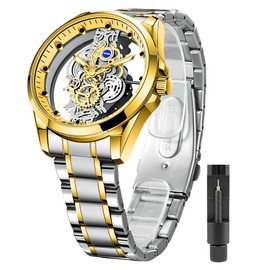 Tiong Sliver Gold Skeleton Quartz Watches Stainless Steel Waterproof Watches for Men， Men's Clear Cover Business Quartz Watches -Sliver Gold
