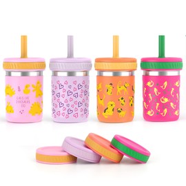 Sursip 10 oz Stainless Steel Kids Cups with Silicone Sleeves & Straws | Spill-Proof Sippy Cup for Drinks & Snacks, Smoothie Cups for Toddlers, BPA-Free, Dishwasher Safe