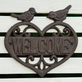 Woodside Cast Iron Heart Shape Wall Mounted Welcome Sign for Garden & Home, Decorative Bird Design, Indoor/Outdoor