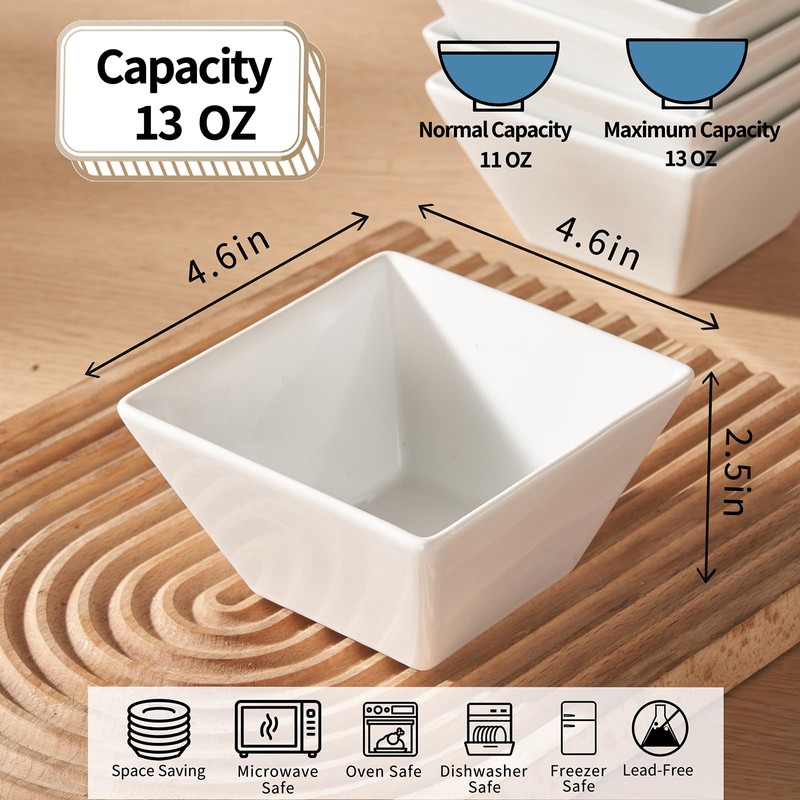 Porcelain Small Serving Bowls Set of 6, 13 Oz Square