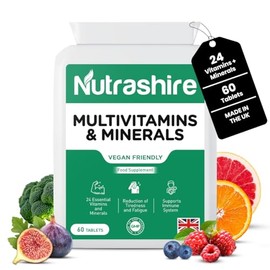 Vegan Multivitamins and Minerals – 60 Multivitamin Tablets for Men & Women with 24 Essential Nutrients Including B12, Iron, Calcium and Zinc – Made in UK