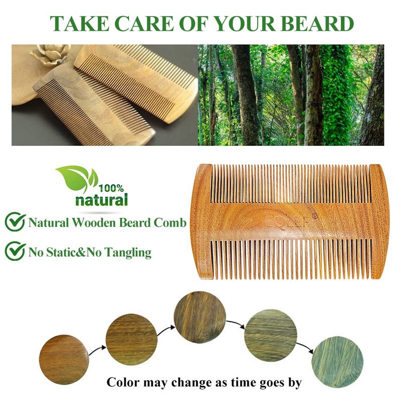 EQLEF Wooden Beard Comb, Natural Green Sandalwood Beard Comb, Non-Static