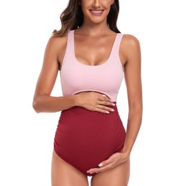 EastElegant Maternity Cutout One Piece Swimwear Ploka Dots Print Pregnancy Bathing Suit, Pink+red, XX-Large