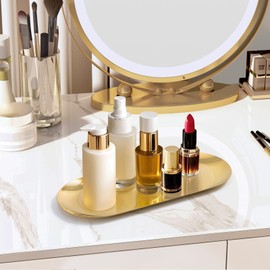 VOMEWO Gold Decorative Tray, 2 PCS Bathroom Vanity Tray for Dresser Counter, Elegant Jewelry Dish Tray for Decor, Gold Platter Serving Tray Organizer for Perfume Trinket Key Candle, Stainless Steel, Oval