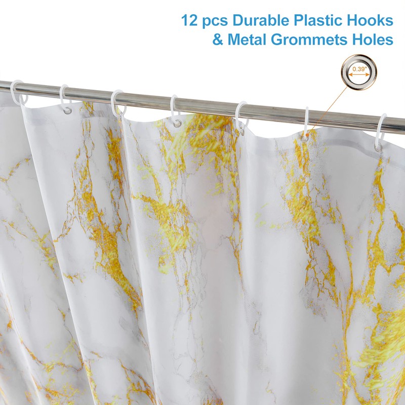 BLESFOREVER Gold White Marble Shower Curtain Set with 12 Hooks,