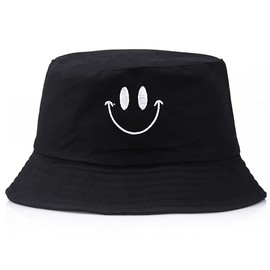 Bucket Hats Embroidered Smiley Face Hat Sunhat Fisherman Hat Beach Cap Cotton Black