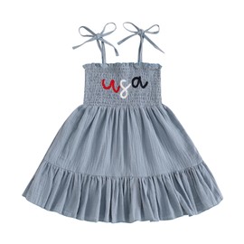 Hekkomird Girls 4th of July Dress Cute Sleeveless Tie Shoulder Letter Embroidery Smocked Dress Toddler Summer Clothes (Blue, 4-5 Years)
