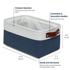 OrganiHaus Small Fabric Storage Baskets for Shelves 3 Pack, 12x8in Closet Storage Bins for Shelves, Cloth Baskets for Organizing, Linen Closet Organizers, Fabric Basket, Navy Blue/White