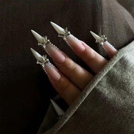 Long Stiletto Press on Nails White French Tip Fake Nails with 3D Bow Pearl Designs 24 Pcs Natural Reusable Glossy Acrylic Nail Full Cover Stick on Nail for Women Wedding No Glue WYFHDT