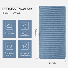 REDKISS Bath Towel Set of 4-27x55 inch Large Microfiber Bathroom Towels, Quick Dry, Extra Soft, Highly Absorbent, Fluffy Shower Towels for Bathroom, Pool, Beach, Swim, and Yoga, Luxury Towel Set