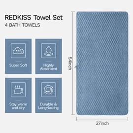 REDKISS Bath Towel Set of 4-27x55 inch Large Microfiber Bathroom Towels, Quick Dry, Extra Soft, Highly Absorbent, Fluffy Shower Towels for Bathroom, Pool, Beach, Swim, and Yoga, Luxury Towel Set