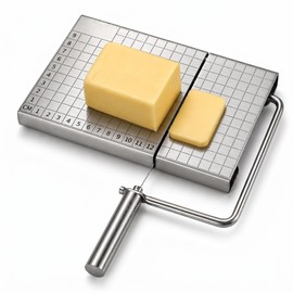 Cheese Slicer Board with Wire, Stainless Steel Cheese Cutter with Measuring Grid, Adjustable Thickness for Cheese & Butter, Includes 5 Replacement Wires