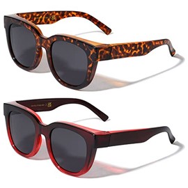 V.W.E. 2 Pairs Women Round Polarized Fit over Sunglasses - Wear Over Prescription Eyeglasses 100% UV Protection (1 Brown Leopard 1 Red)