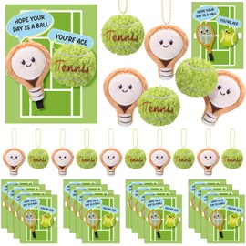 Equsion 15 Set Mini Tennis Racket Keychain Ball Plush Keyring Cute Happy Card for Tennis Party Themed Gifts Favor Decoration Sports Lover Teams Birthday Gifts