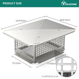 YITAHOME Chimney Cap, 13" x 17" Chimney Cover for Outside, 304 Stainless Steel Fireplace Chimney Caps with Adjustable Metal Strips, Screws & Gloves