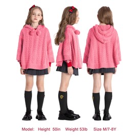 BOBOYOYO Cape for Girls Hooded Cable Knit Poncho Sweaters Kids Shawl Sweater Toddler Holiday Pullover for 3-12 Years Child Pink
