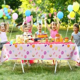 Lianxuia 3Pcs Pink Candyland Plastic Tablecloth, 54 x 108 Inch Disposable Lollipop Table Cover, Waterproof Sweet Candy Table Cloths for Kids Birthday Party Supplies, Candyland Party Decorations