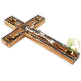 Jerusalem Olive wood wall cross silver crucifix with Mother of Pearl design - Bethlehem Star on a wooden cross - Made in the Hoy Land by Christian craftsmen (9.8" x 6")