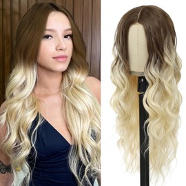 Ombre Blonde Long Wavy Wigs for Women 26 Inch Middle Part Nature Hairline Curly Wavy Wig Synthetic Heat Resistant Fiber for Daily Party Use