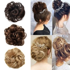 Messy Rose Bun Hair Piece Synthetic Hair Scrunchies Extension Curly Wavy With Elastic Rubber Band Ponytail Hair Extensions Tousled Updo Hairpieces for Women Girls(3# Brownish Brown)