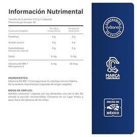 VIZANA NUTRITION | Vitamina K2-mK7 en Cápsulas HPMC Vegetarianas (90 Caps-370 mg)