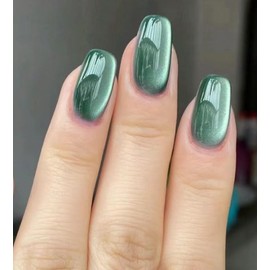 Press On Nails, Cat Eye‘s Beauty Pattern in Glue on Nails, Fake Nails, Stick On Nails, Short Almond Square Shape on 24PCS (Lake Green)