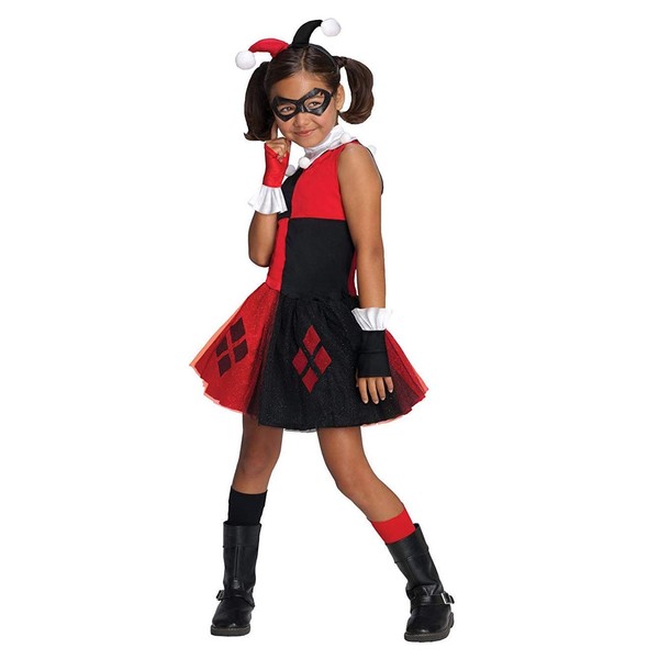 DC Super Villain Collection Harley Quinn Girl's Costume with Tutu Dress, Extra-Small,Red/Black