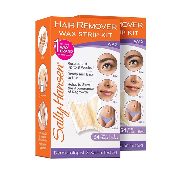 Sally Hansen PR-COM-RT-X1075833 Hair Remover Wax Strip Kit for Face, Brows & Bikini, 34 Strips (17- Double Sided Strips), 2 Pack
