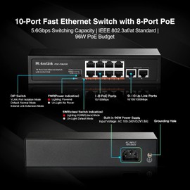 MokerLink 10 Port PoE Switch, 8 Port PoE+ 100Mbps, 2 Gigabit Uplink, 96W 802.3af/at, Vlan & Extend, Fanless Metal Plug & Play Ethernet Switch