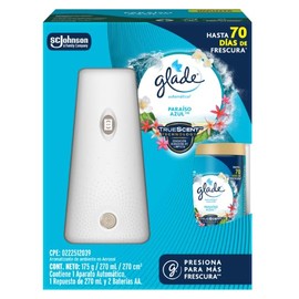 Glade Aromatizante Automático, TrueScent Technology Aroma Paraíso Azul, Hasta 70 días de Frescura Continúa, Incluye 1 Aparato y 1 Repuesto de 270 ml