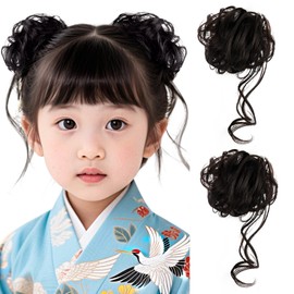 OTAKUMARKET Hair Bun Wig, Set of 2 with Curls, Scrunchy Type, Shichi-Go-San Yukata, Coming-of-Age Ceremonies, Graduation Ceremonies, Hakama, Hair Extension, Kimono Accessories, 4 Colors (Black Brown)