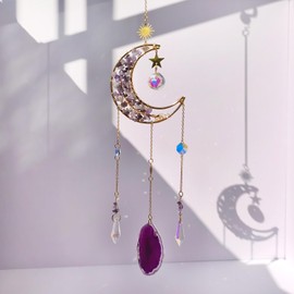 Yabbcky Moon Sun Catcher, Crystal Suncatcher Prism Hanging with Agate Rainbow Maker Sun Catchers Light Catcher Crystal Stones for Garden Home Indoor Decoration