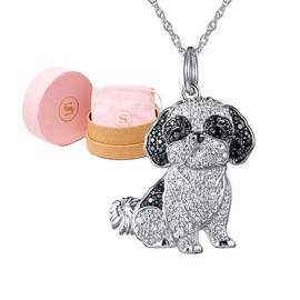 SCAMPER & CO Shih Tzu Pendant Necklace for Women and Girls - Genuine Gemstone and Cubic Zirconia Puppy Charm with Elegant Backplate, Premium Plated Sterling Silver Chain Easy Closure,18 inch