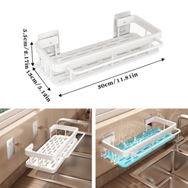 Axroad Mall Wall Mounted Kitchen Sink Caddy, No Drilling Sponge Holder for Sink Tidy, Washing Up Organiser with Removable Drip Tray and Hooks (White)