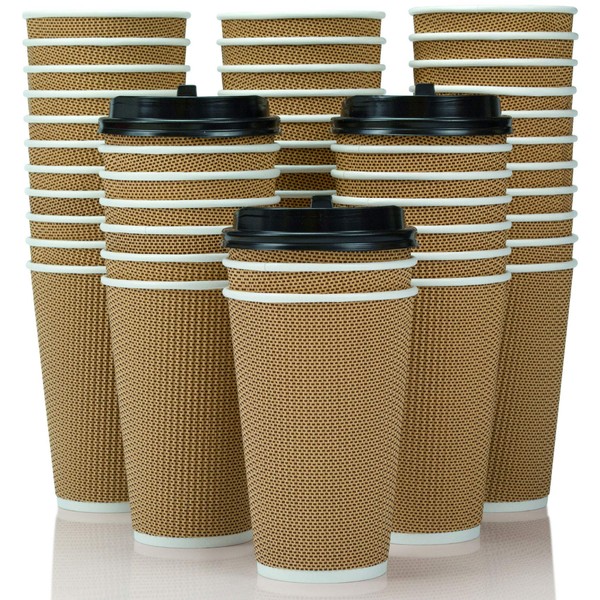 OzBSP 16 oz Paper Coffee Cups with Lids - 90 Pack BROWN. Insulated & Sturdy, Leak Proof Lids, Ripple Wall No Sleeves Needed, Disposable Coffee Cups with Lids for Hot Drinks. To Go Coffee Cups