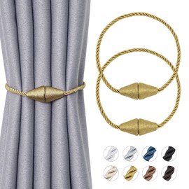 NICEEC 2 Pack Upgrade Magnetic Curtain Tiebacks 16 Inch Handmade Weave Rope Curtain Holdbacks Convenient Decorative Cone Curtain Drape Tie Backs for Home & Office Window Drapery (New Gold)