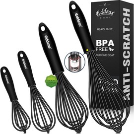 Eddeas Silicone Whisk,Whisk Non Scratch Whisk for Nonstick Cookware, 5+7+9+11in Siliocne Coated Wisk Perfect for Blending,Beating,Stirring and Kitchen Cooking. (Black, 4pcs)