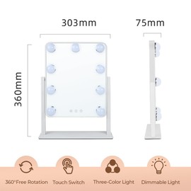 Leadzones Hollywood Vanity Mirror with Lights,Tabletop Makeup Mirror with 9 LED Lights Smart Touch Control 3 Colors Light 360°Rotation Detachable 10X Magnification