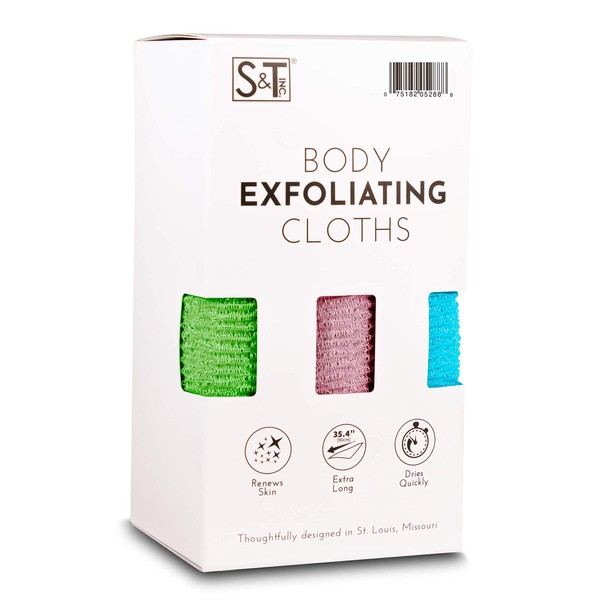 ST 528801 Body Exfoliating Cloths, 11.8 Inch x 35.4 Inch, Assorted, 3 Pack
