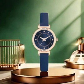 Nuovo Women's Watches Blue Leather Women's Watches Rose Gold Case Elegant Simple Watch Crystal Diamond Watch Analogue Quartz Watches for Women