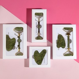 Jade Roller Gua Sha Board Set, Jade Gua Sha Board for Face Beauty, Special Tendon Point Horn Gua Sha Dark Green Pointed Heart Plate + Case 10ea