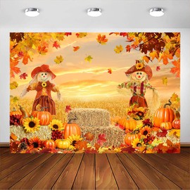 Avezano Autumn Scarecrow Backdrop Rice Paddy Pumpkin Maple Leaves Hay Bales Photography Background Fall Thanksgiving Harvest Banner Decoration Party Supplies Photo Booth Props (7x5ft)