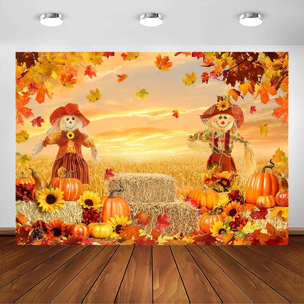 Avezano Autumn Scarecrow Backdrop Rice Paddy Pumpkin Maple Leaves Hay