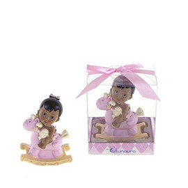 Lunaura Baby Keepsake - Set of 12 "Girl" Black Ethnic Baby Sitting on Rocking Horse Favors - Pink