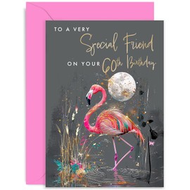 Old English Co. 60th Birthday Card for Female Friend - Age 60 - Special Friend Birthday - Neon Flamingo Design - Contemporary Female Birthday Card for Her - Sixty Female Birthday Card